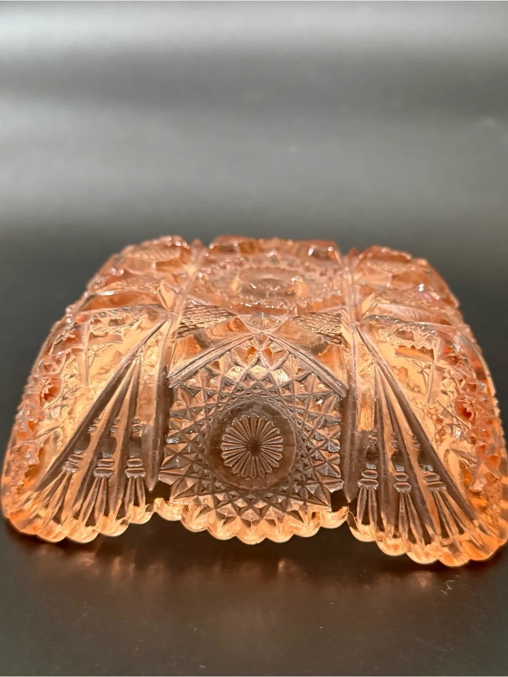 Vintage Salmon Pink Depression Pressed Glass Sawtooth Rim Square Candy Dish
